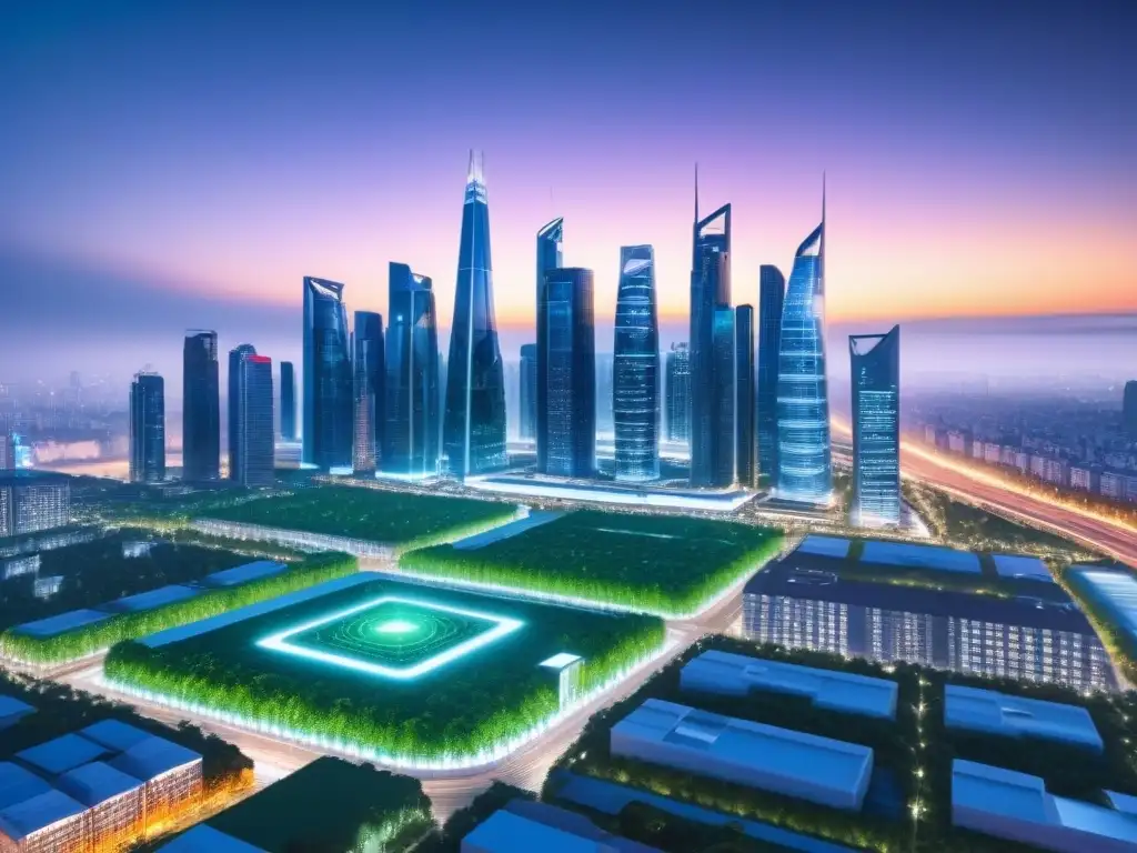 Metrópolis futurista en 8k: inversión inmobiliaria internacional Vibrante ciudad futurista al atardecer con rascacielos iluminados y moderna tecnología