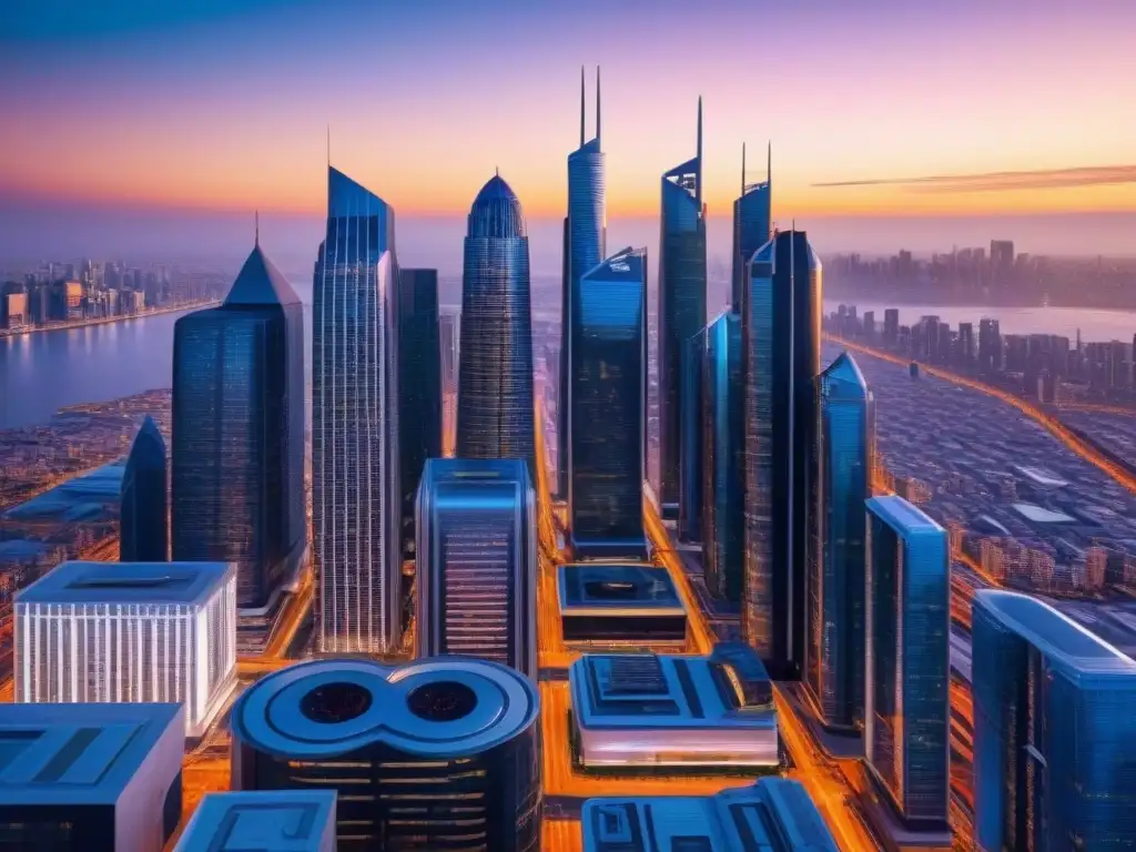 Metrópolis futurista al atardecer: inversión inmobiliaria internacional Vibrante ciudad futurista al atardecer con rascacielos iluminados y transporte avanzado