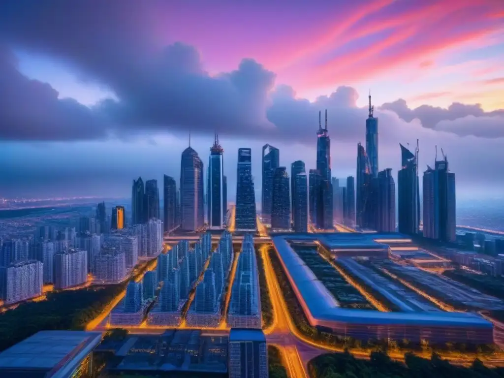 Metrópolis futurista: resiliencia y progreso bajo el atardecer dorado Vibrante ciudad futurista al atardecer, reflejando resiliencia y progreso frente a impacto crisis económicas hipotecas internacionales