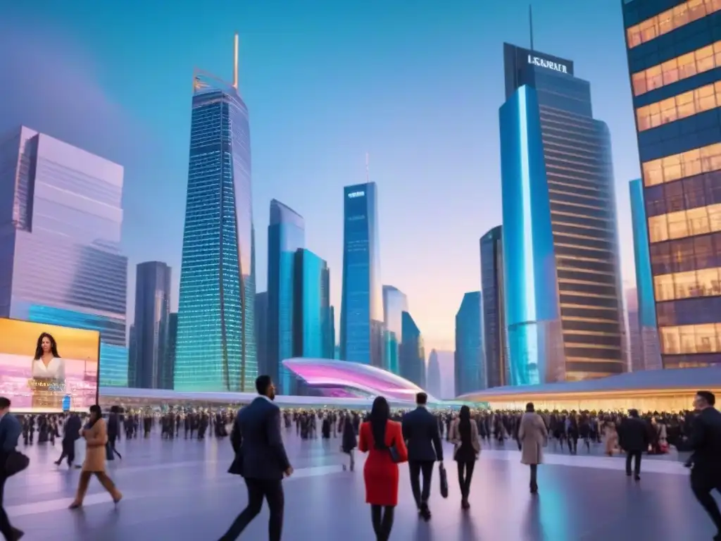 Skyline futurista iluminado: ciudad sostenible y diversa Vibrante ciudad futurista al atardecer con rascacielos iluminados y personas caminando