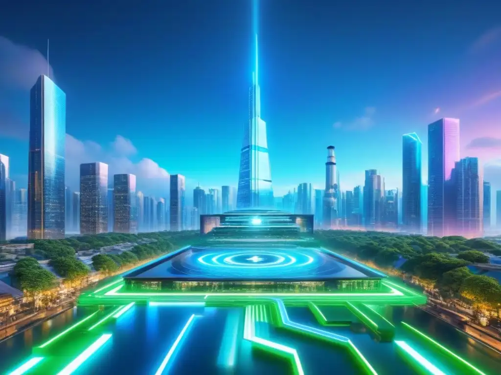 Metrópolis futurista: fusión de inmuebles y criptomonedas Vibrante ciudad futurista donde se fusionan bienes raíces y criptomonedas