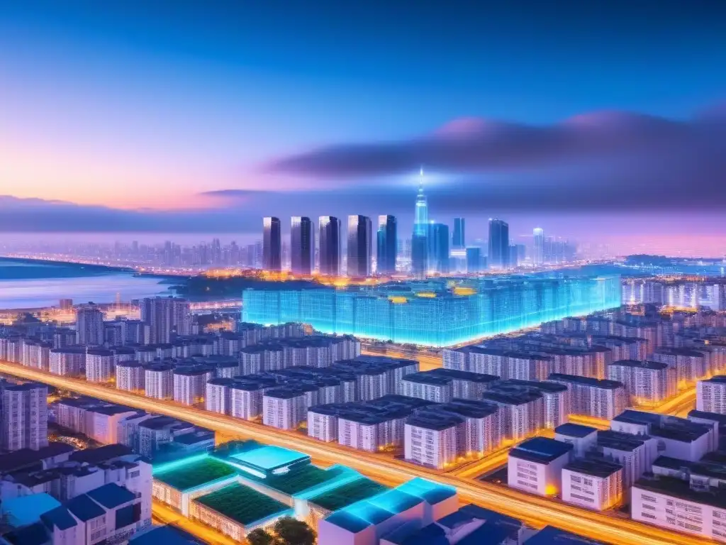 Metrópolis futurista con blockchain integrado al atardecer Vibrante ciudad futurista con blockchain integrado al atardecer