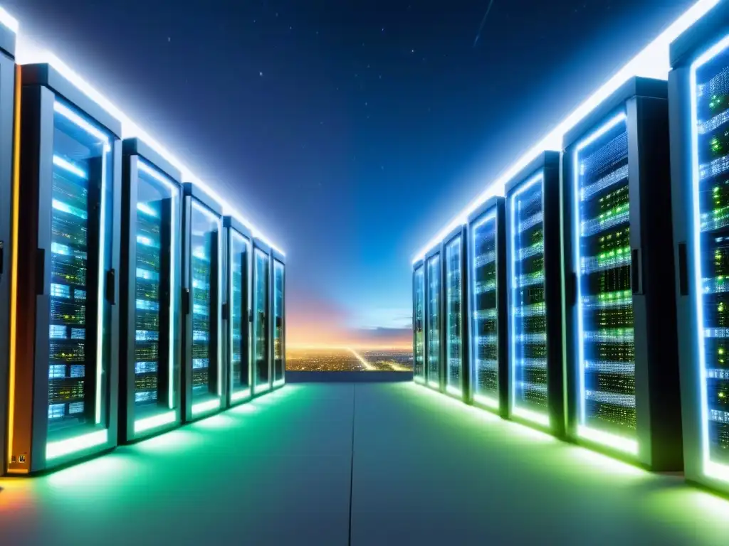 Centros de datos futuristas iluminados en red nocturna Vibrante ciudad futurista de centros de datos interconectados, luces brillantes bajo un cielo estrellado