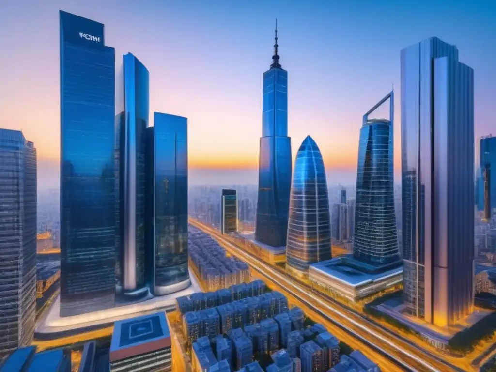 Metrópolis futurista: contratos inteligentes en bienes raíces Vibrante ciudad futurista al anochecer con contratos inteligentes en inversión inmobiliaria