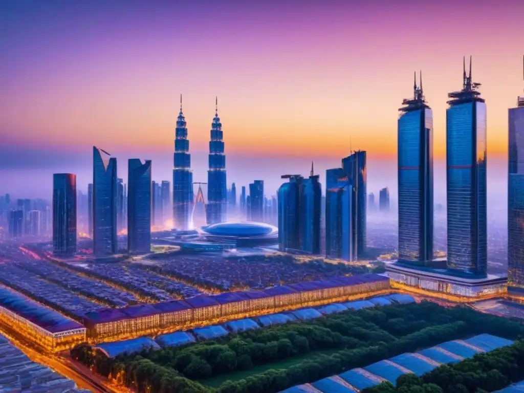 Horizonte futurista al atardecer: progreso y innovación en la ciudad Vibrante ciudad futurista al anochecer, reflejando innovación y crecimiento en rentabilidades sector inmobiliario global