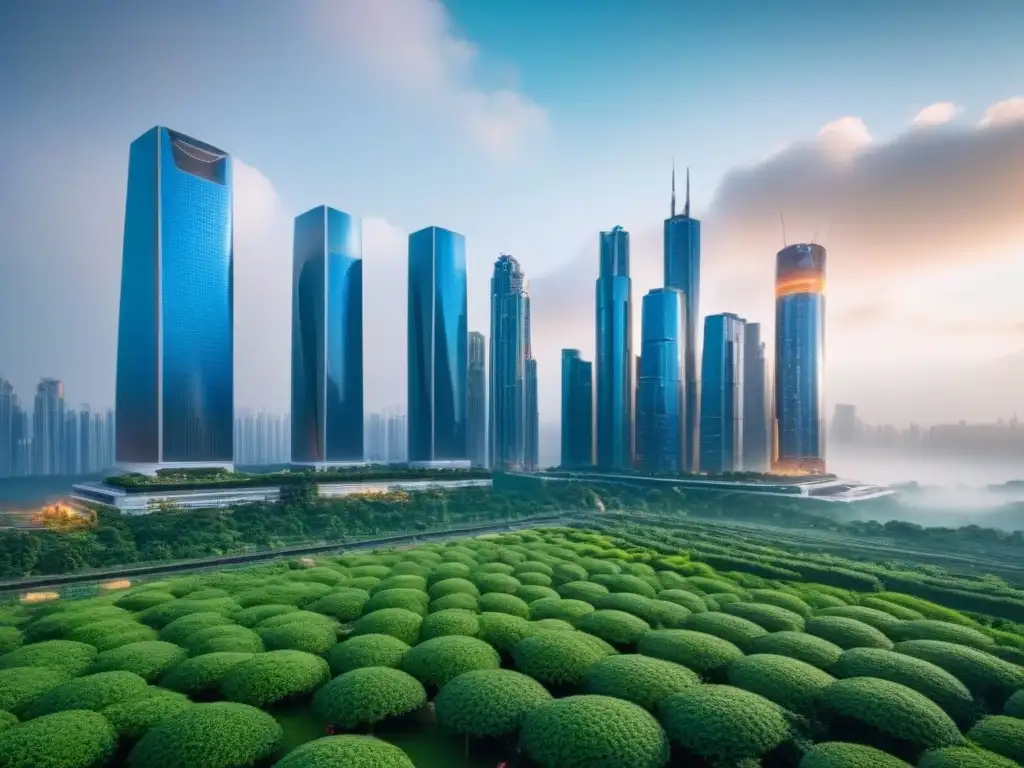 Metrópolis futurista: armonía de innovación y naturaleza Vibrante ciudad futurista con diseño avanzado y naturaleza, ideal para la gestión de inversión inmobiliaria internacional