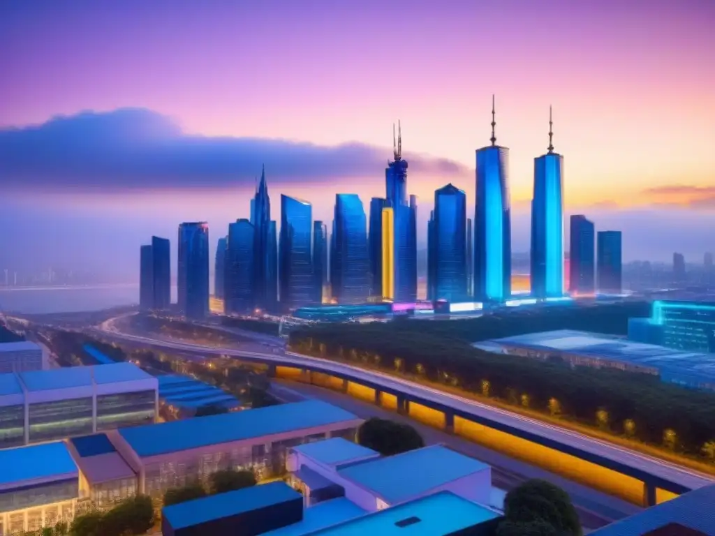 Horizonte urbano futurista al anochecer con luces vibrantes Vibrante ciudad futurista al anochecer con diseño arquitectónico moderno y elementos holográficos, iluminada por luces coloridas