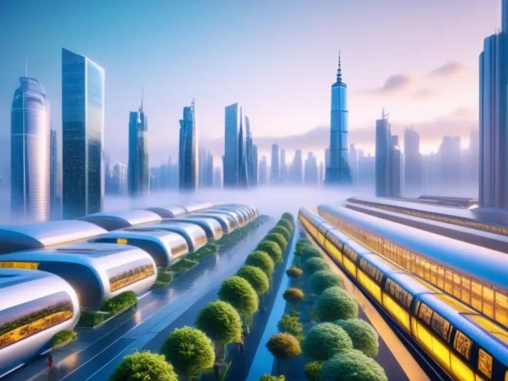 Metrópolis futurista: arquitectura innovadora y transporte avanzado en 8k Vibrante ciudad futurista con diseños arquitectónicos innovadores y transporte avanzado