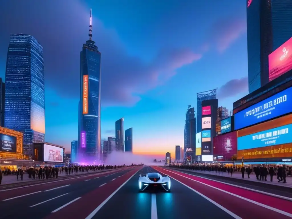Metrópolis futurista: Evaluaciones inmobiliarias con IA en tiempo real Vibrante ciudad futurista al anochecer con drones y luces neón, mostrando la integración de Inteligencia Artificial en evaluaciones inmobiliarias