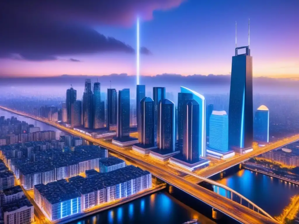 Metrópolis futurista con blockchain: tecnología y vida urbana Vibrante ciudad futurista con edificios conectados y símbolos de blockchain en su diseño