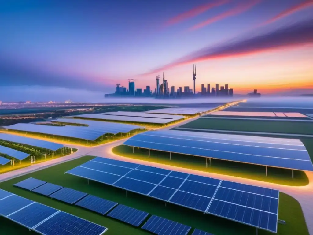 Metrópolis futurista sostenible: edificios energéticamente eficientes en un atardecer vibrante Vibrante ciudad futurista con edificios energía cero rentables internacionalmente, paneles solares y turbinas eólicas