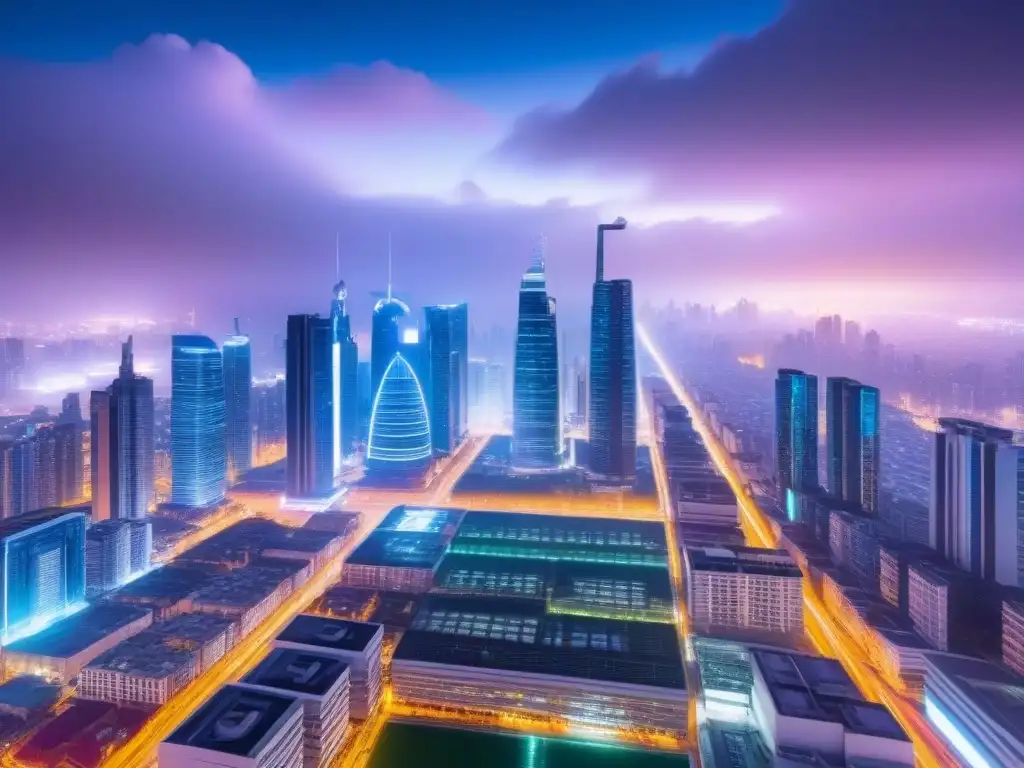 Metrópolis futurista: tecnología de datos integrada en edificios Vibrante ciudad futurista con Big Data en edificios, datos inmobiliarios en tiempo real