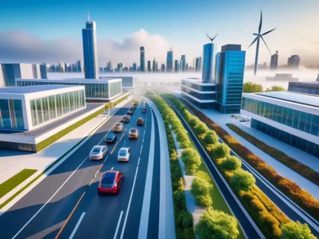 Metrópolis futurista sostenible: arquitectura ecointegrada Vibrante ciudad futurista con edificios sostenibles y vehículos eléctricos