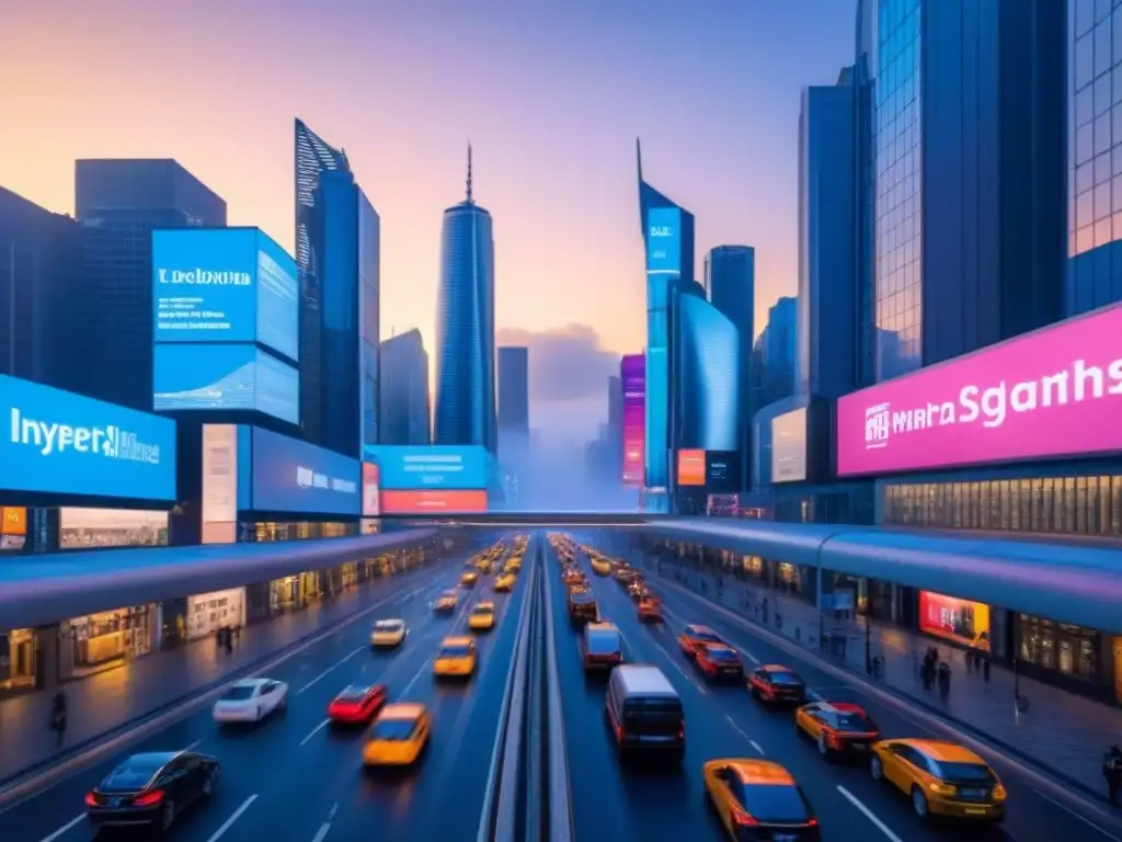 Metrópolis futurista: innovación en financiamiento residencial Vibrante ciudad futurista al anochecer con edificios altos iluminados y avanzados sistemas de transporte