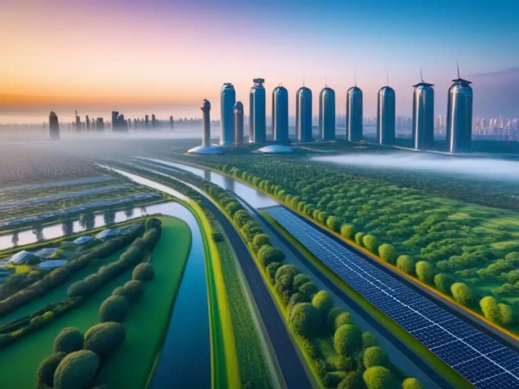 Metrópolis futurista: energía renovable y vida urbana moderna Vibrante ciudad futurista con energías renovables en inversión inmobiliaria