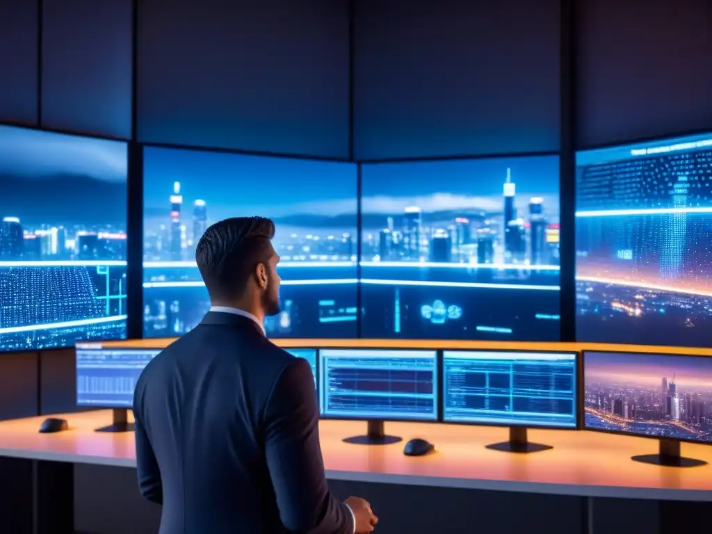 Ciudad futurista 8k: ciberataques en tiempo real Vibrante ciudad futurista con equipo de seguridad monitoreando ataques cibernéticos en inversión inmobiliaria internacional