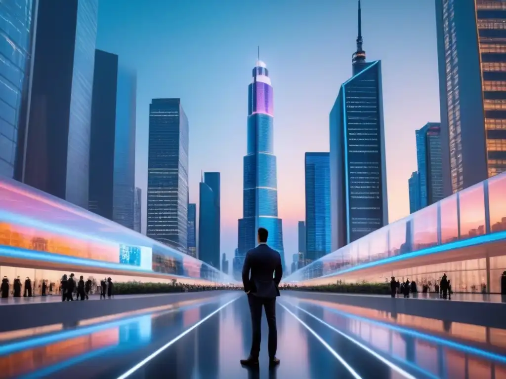 Futurismo urbano: ciudad innovadora y próspera al atardecer Vibrante ciudad futurista al anochecer con estrategias anticíclicas bienes raíces