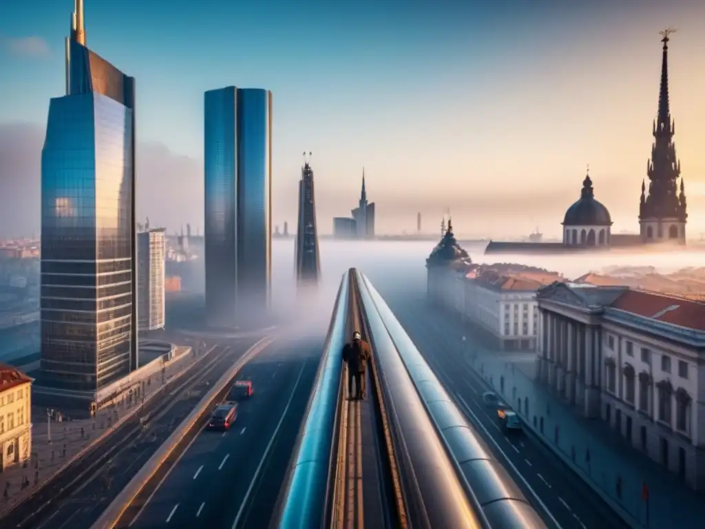 Horizonte futurista en Europa del Este: 8k ultra detallado Vibrante ciudad futurista en Europa del Este con fluctuaciones mercado inmobiliario