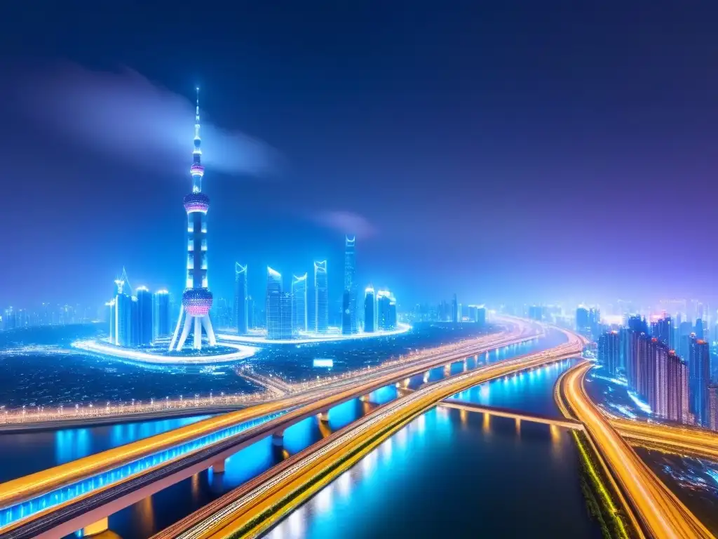 Metrópolis futurista en Ruta de la Seda: luces y arquitectura innovadora Vibrante ciudad futurista en la Franja Ruta, con arquitectura innovadora y oportunidades en inversiones inmobiliarias internacionales