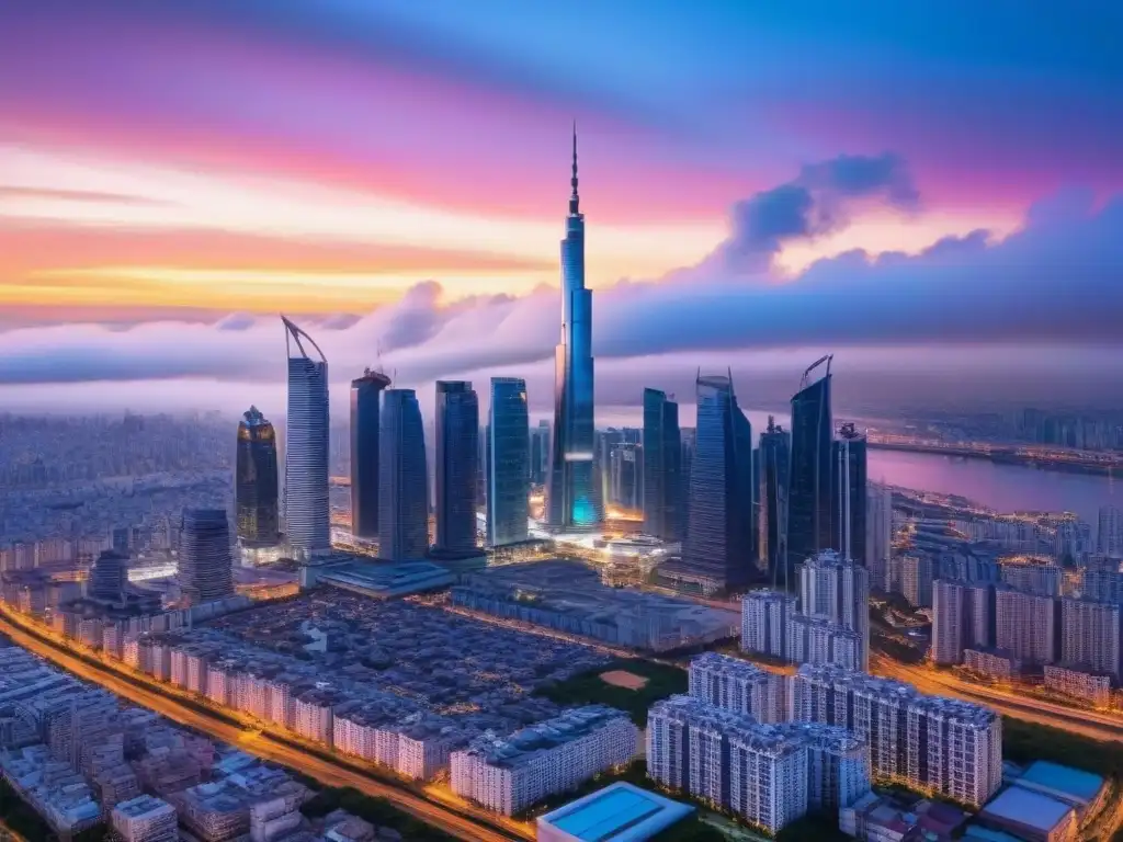 Esplendor urbano: rascacielos futuristas al atardecer Vibrante ciudad futurista iluminada por atardecer, simbolizando inversión inmobiliaria internacional y regulaciones gubernamentales