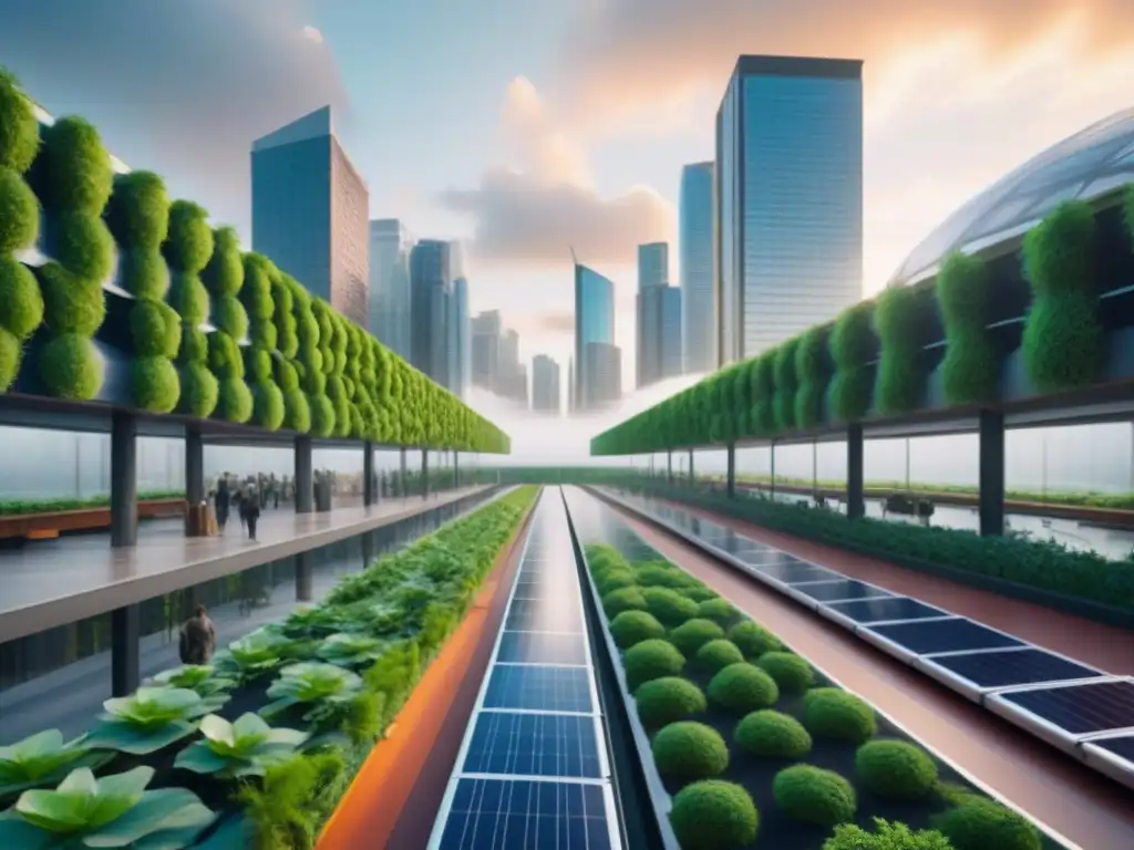 Metrópolis futurista: integración verde en la reconstrucción sostenible Una ilustración vibrante de una ciudad futurista con infraestructura verde integrada, en una recuperación postdesastre con prácticas ecológicas