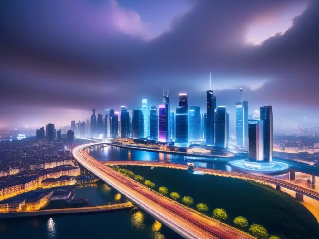 Smart city futurista: IA y tecnología en la gestión inmobiliaria Vibrante ciudad futurista con IA en gestión inmobiliaria, luces neón y vehículos autónomos