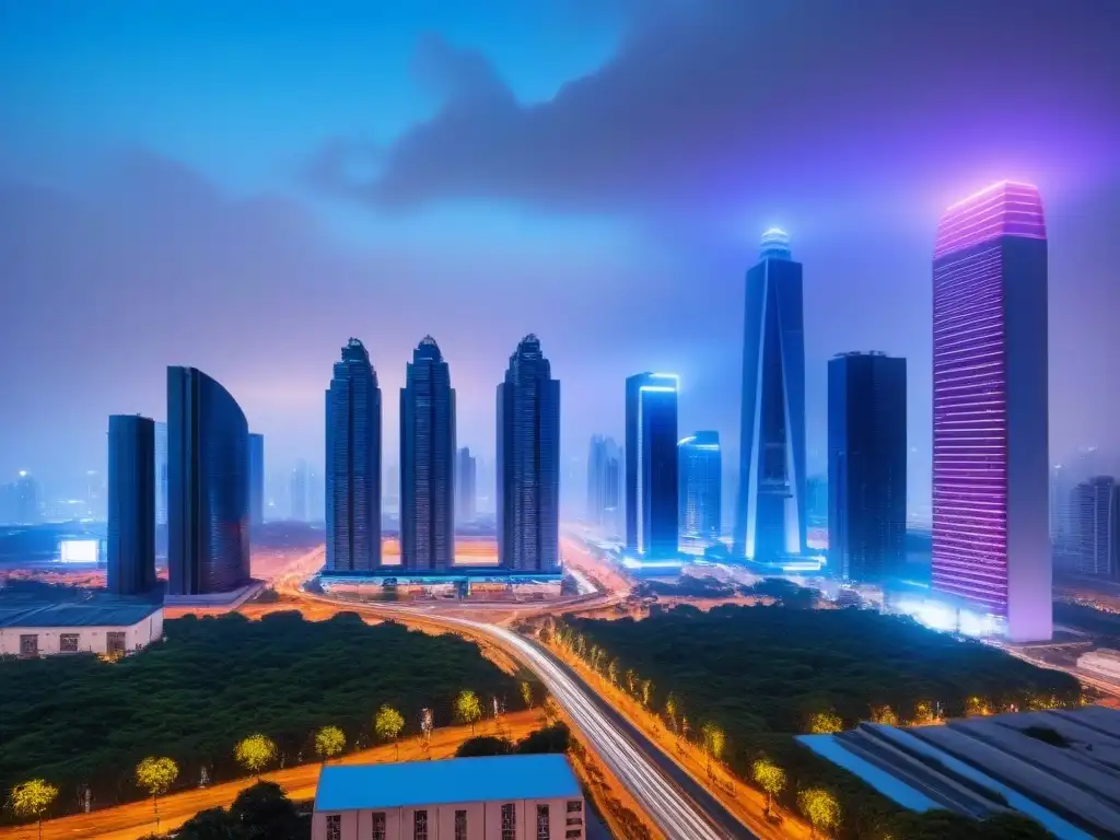 Metrópolis futurista: luces y progreso en mercados inmobiliarios emergentes Vibrante ciudad futurista al anochecer con innovadores rascacielos y normativas construcción inversión inmobiliaria mercados emergentes