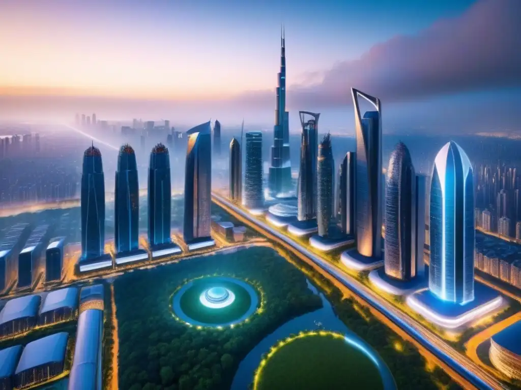 Futurista ciudad verde con tecnología avanzada Vibrante ciudad futurista con innovadores rascacielos y tecnología avanzada