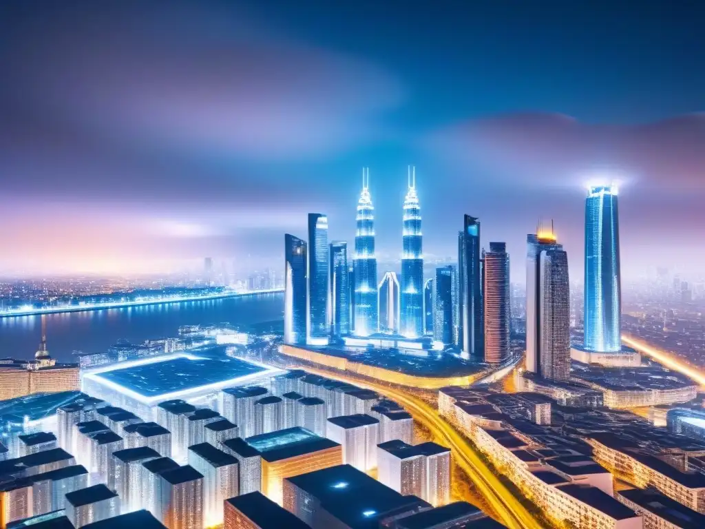 Metrópolis futurista: Transacciones inmobiliarias con blockchain 'Vibrante ciudad futurista con integración de Blockchain en mercado inmobiliario internacional'