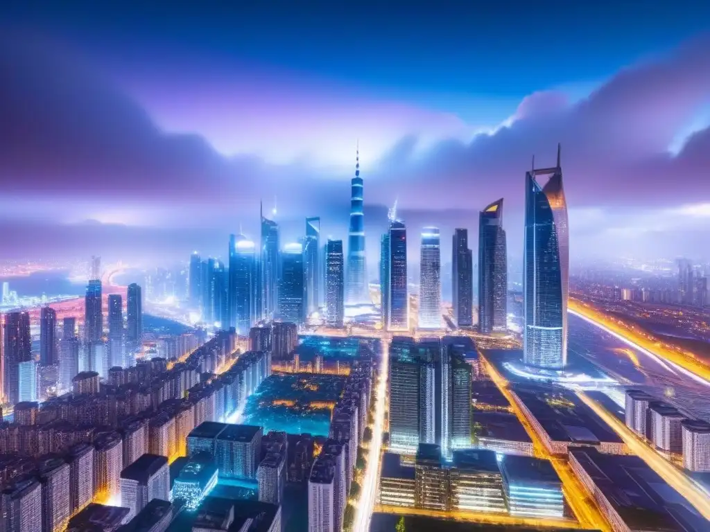 Skyline futurista: transacciones inmobiliarias blockchain Vibrante ciudad futurista con inversión inmobiliaria internacional con blockchain