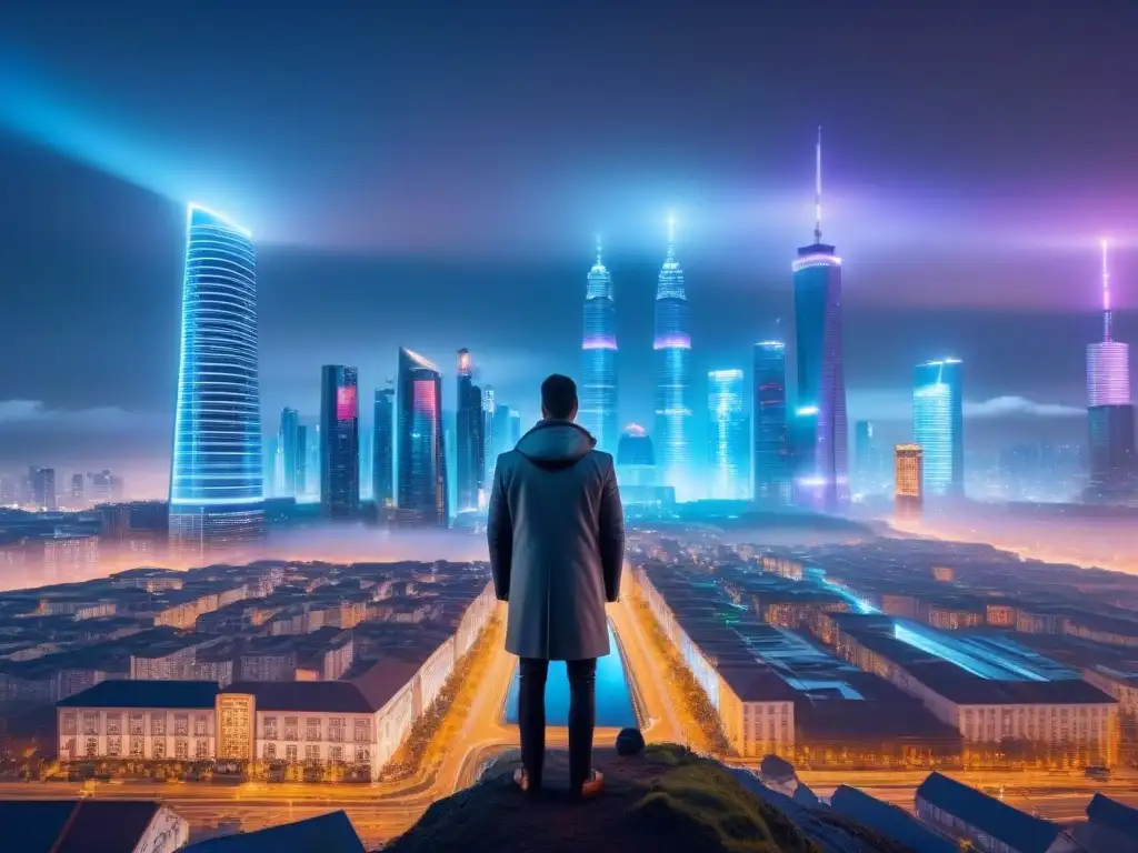 Inversión inmobiliaria futurista en 8k: criptomonedas, IA y rascacielos Vibrante ciudad futurista al anochecer con inversiones inmobiliarias internacionales con criptomonedas