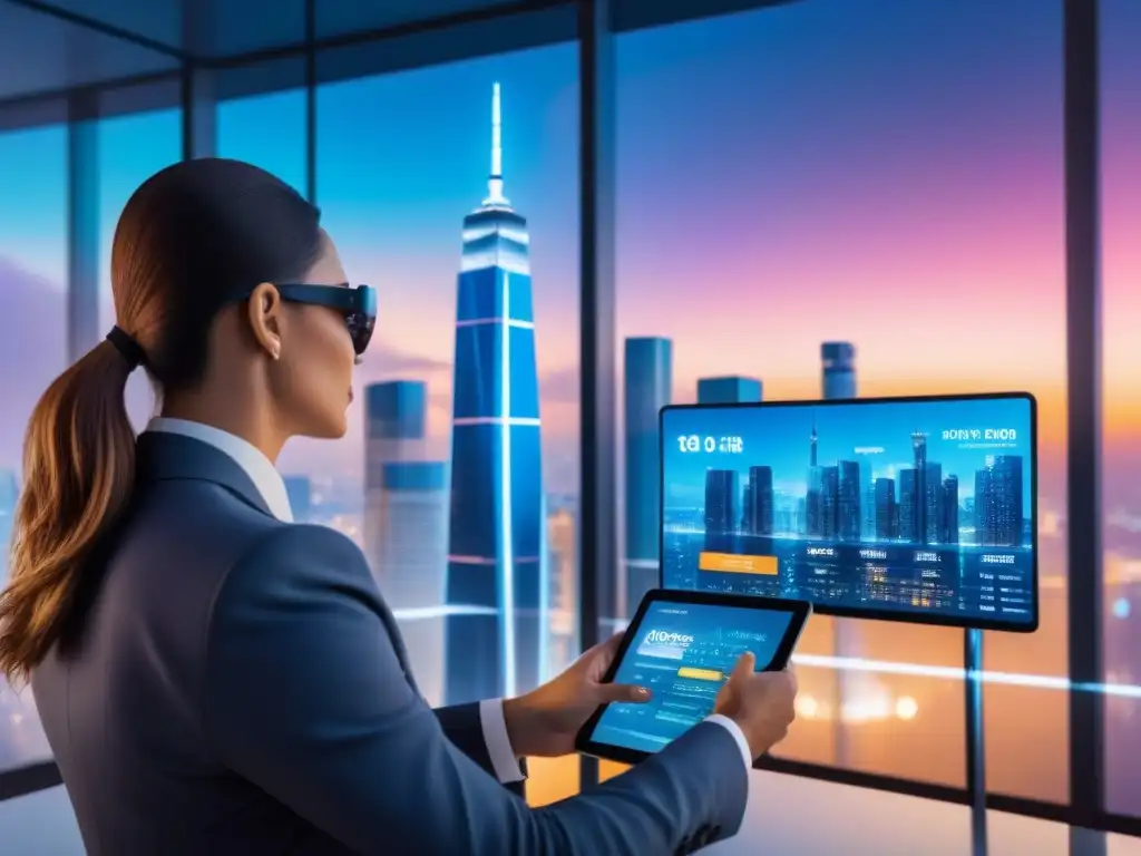 Metrópolis futurista: criptomonedas, negocios y hologramas Vibrante ciudad futurista al anochecer con inversionistas y bienes raíces criptomonedas
