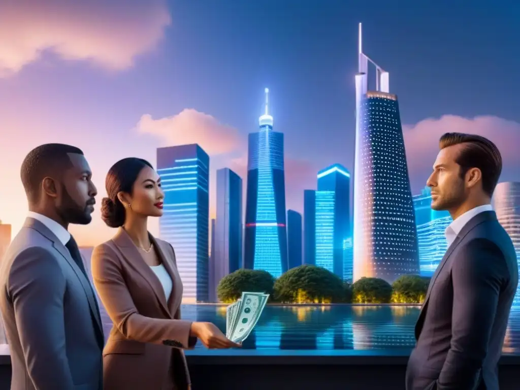 Inversores internacionales en ciudad futurista al atardecer Vibrante ciudad futurista con inversores internacionales discutiendo las fluctuaciones cambiarias en hipotecas internacionales