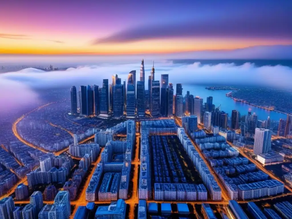 Horizonte urbano futurista: ciudad nocturna de rascacielos iluminados Vibrante ciudad futurista al anochecer, reflejando luces en rascacielos