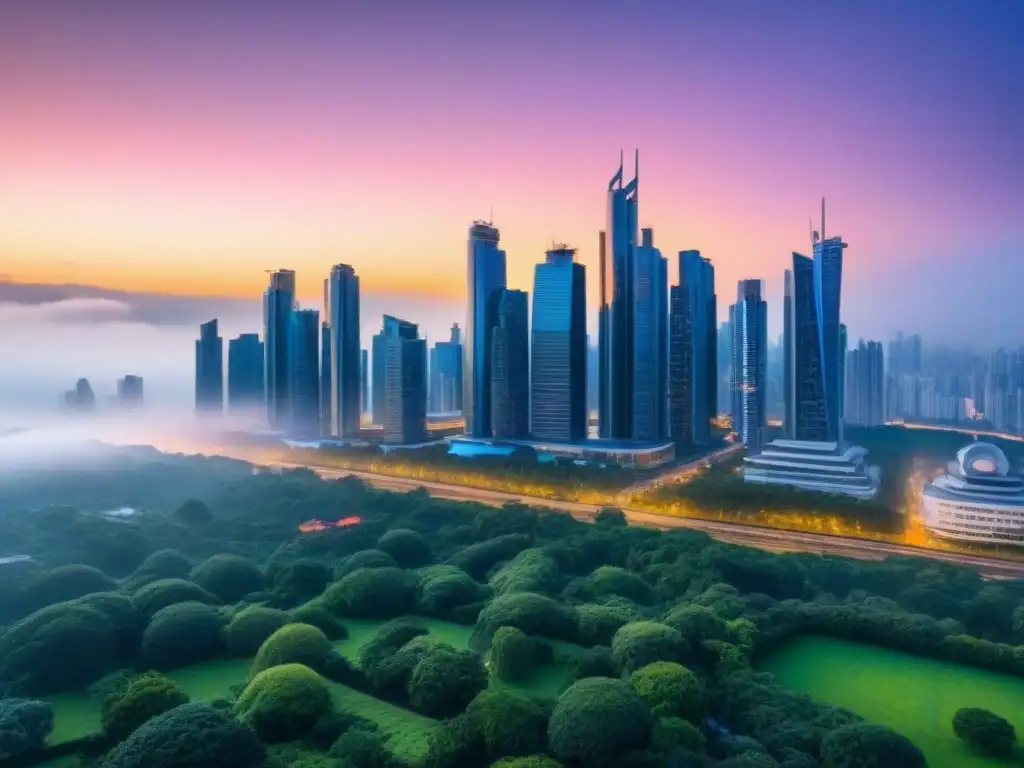 Inversiones inmobiliarias globales en ciudad futurista al atardecer Vibrante ciudad futurista al anochecer, reflejando la luz del sol en sus rascacielos iluminados