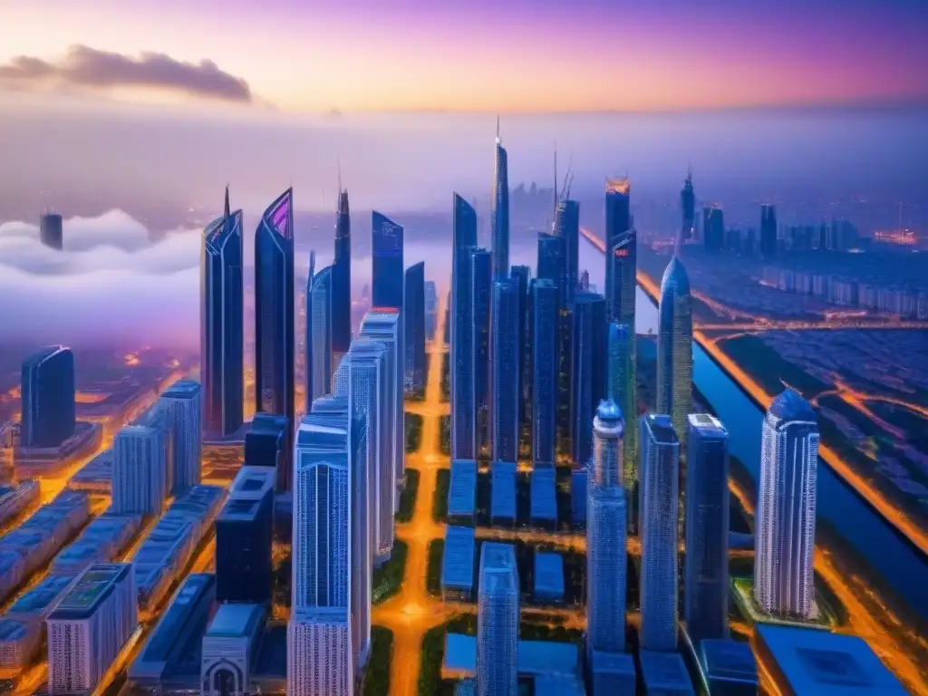 Metrópolis futurista: visión aérea de una ciudad innovadora y sostenible Vibrante ciudad futurista con innovación en el mercado inmobiliario internacional