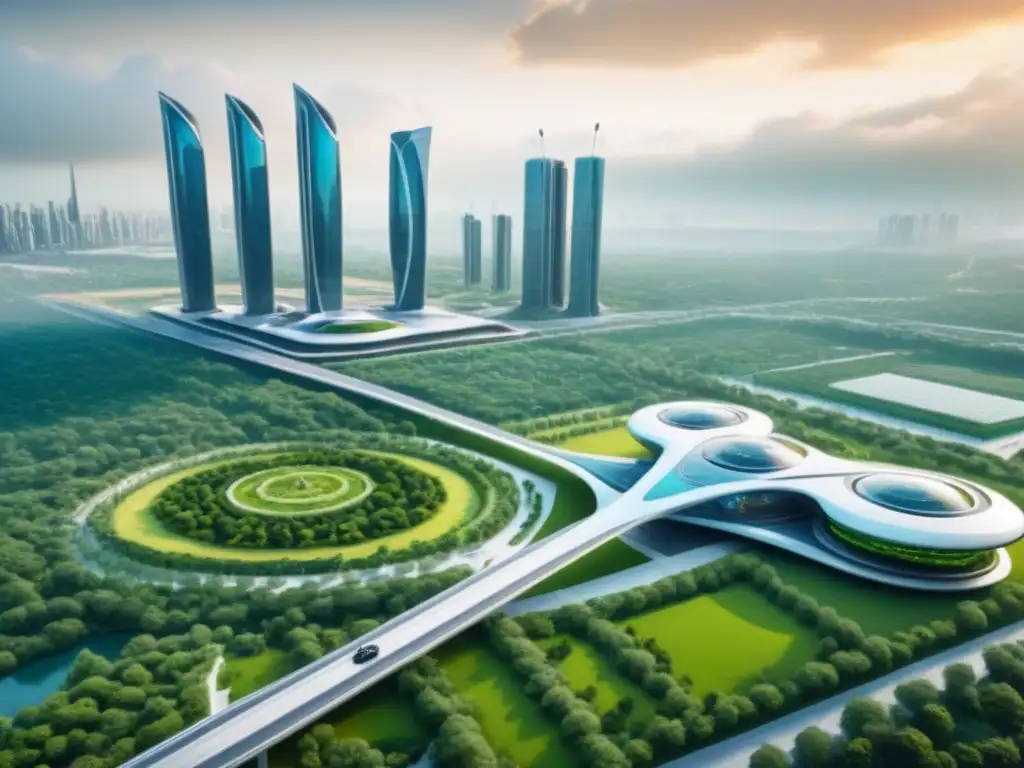 Metrópolis futurista: armonía entre tecnología y naturaleza Vibrante ciudad futurista con IA en mercado inmobiliario, integrando naturaleza y tecnología avanzada
