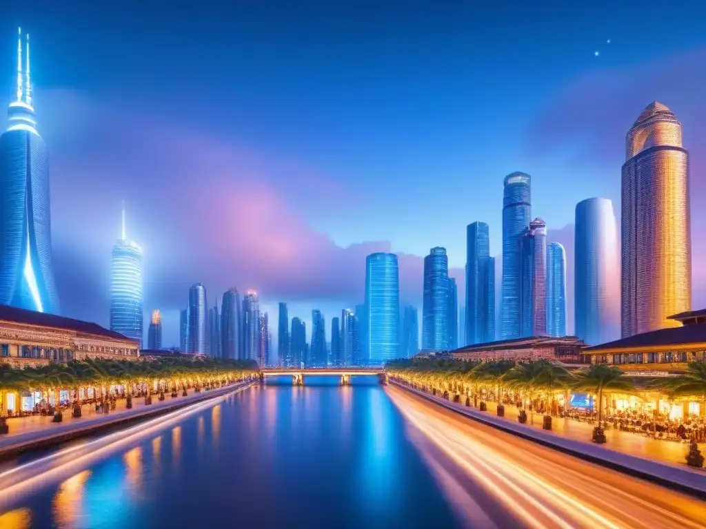 Innovación inmobiliaria: Ciudad futurista con IA y hologramas Vibrante ciudad futurista con IA en mercado inmobiliario, hologramas y drones bajo cielo estrellado