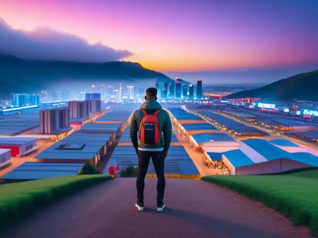 Metrópolis futurista al atardecer: mercado multicultural Vibrante ciudad futurista en mercados fronterizos redefiniendo juego inmobiliario