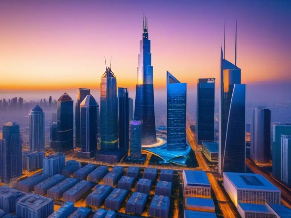 Futurista ciudad emergente: real estate en 8k Vibrante ciudad futurista con mercados inmobiliarios emergentes prometedores, rascacielos innovadores y multitudes diversas al atardecer