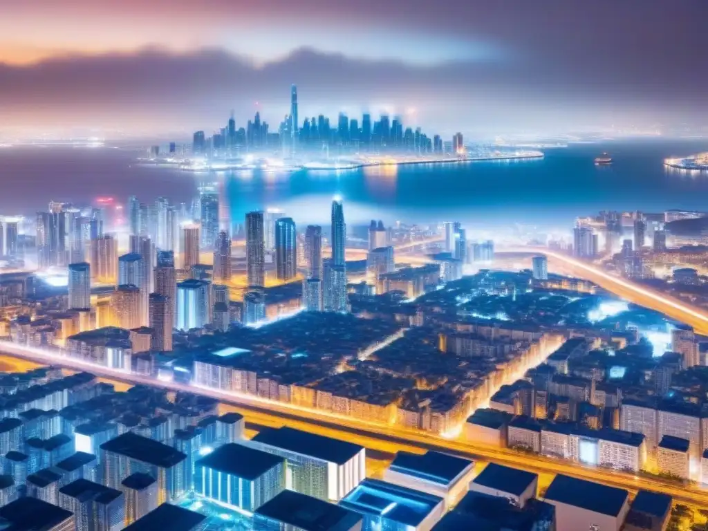 Vibrante ciudad futurista de noche con rascacielos iluminados y luces como circuito digital