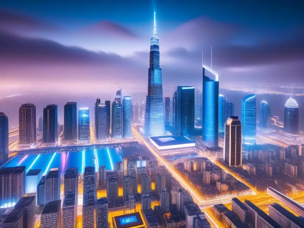 Futurismo nocturno: ciudad 8K con criptomonedas Vibrante ciudad futurista de noche con luces de neón y valores de criptomonedas, fusionando bienes raíces con tecnología digital