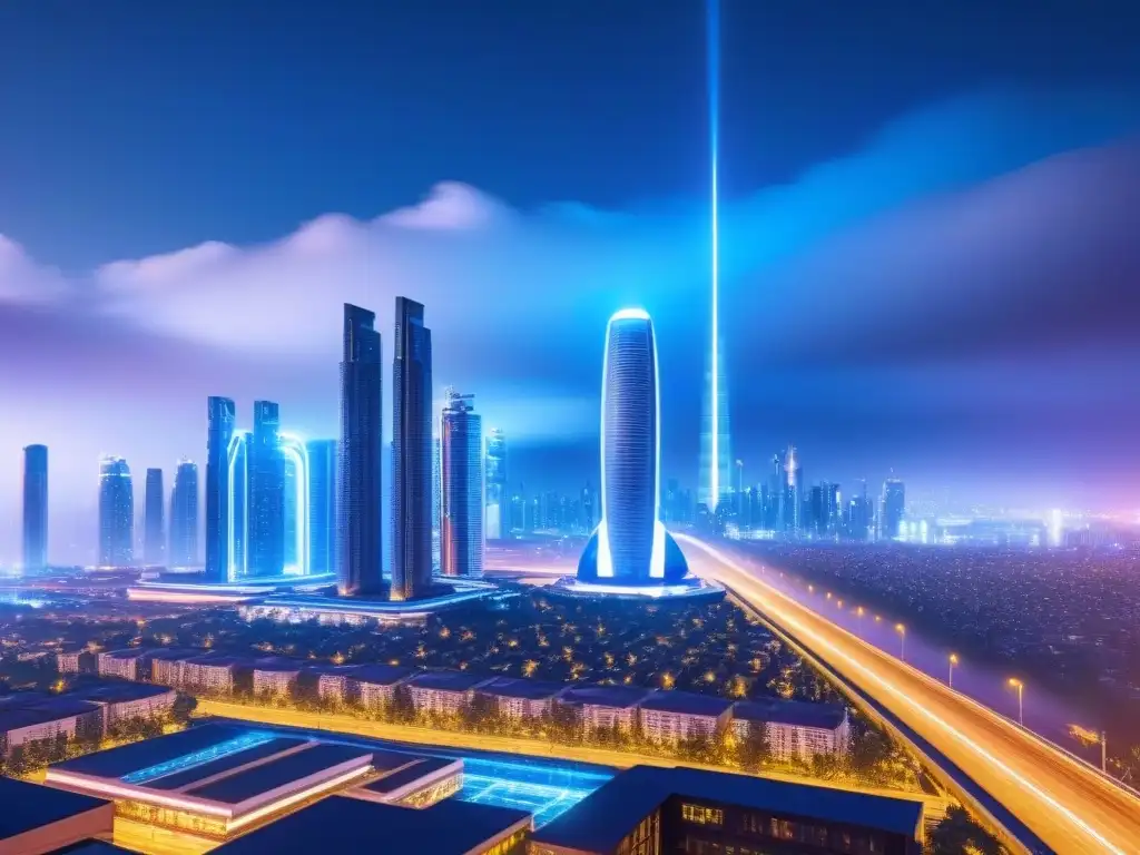 Metrópolis futurista: luces neón, rascacielos y tecnología avanzada Vibrante ciudad futurista de noche con luces de neón, rascacielos y tecnología avanzada