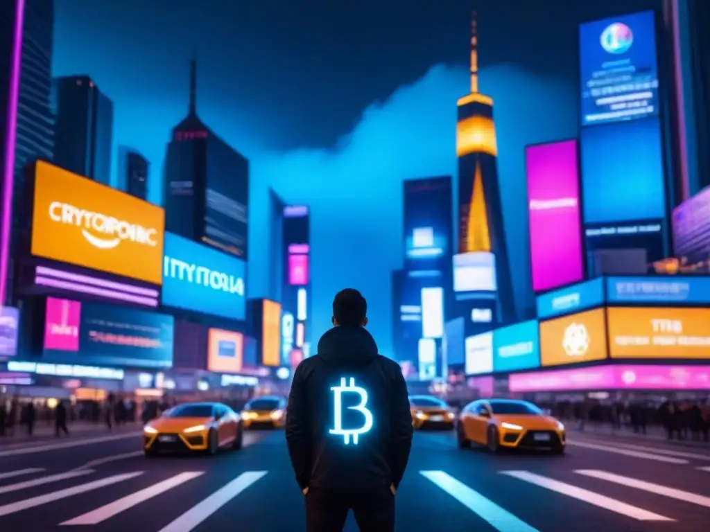 Cityscape futurista nocturno con luces neón y criptomonedas Vibrante ciudad futurista de noche con luces de neón, rascacielos y criptomonedas