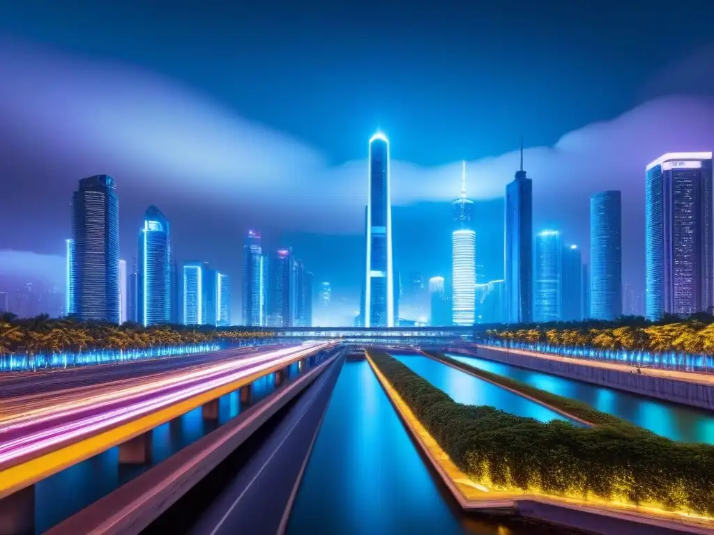 Inversiones futuristas: criptomonedas y bienes raíces Vibrante ciudad futurista de noche con rascacielos iluminados y autos voladores, mostrando la inversión inmobiliaria con criptomonedas