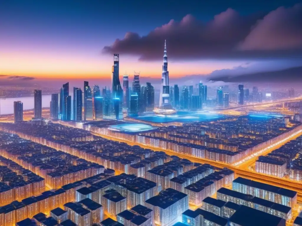 Cityscape futurista con blockchain y REITs Vibrante ciudad futurista de noche con edificios interconectados y pantallas digitales mostrando datos y símbolos blockchain