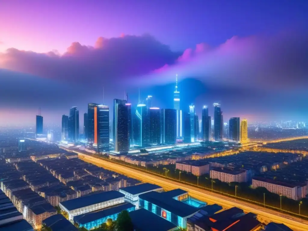 Inversión inmobiliaria global: ciudad futurista de noche Vibrante ciudad futurista de noche con rascacielos iluminados y drones
