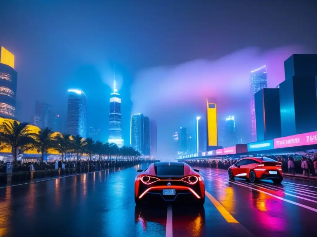 Metrópolis futurista: luces neón en la noche Vibrante ciudad futurista de noche con rascacielos iluminados y vehículos eléctricos
