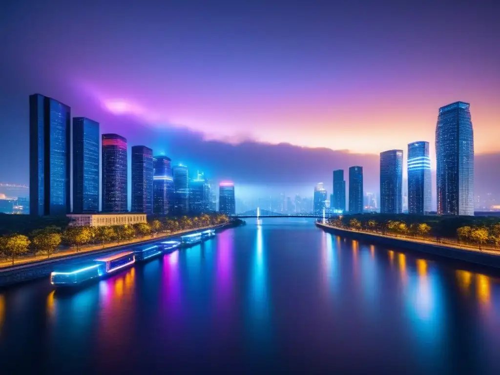 Metrópolis futurista: inversión inmobiliaria en PropTech Vibrante ciudad futurista de noche con rascacielos iluminados y drones entregando paquetes