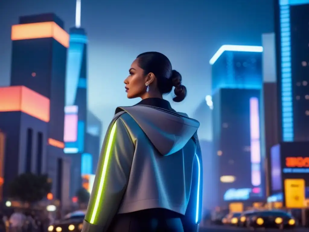 Metrópolis futurista: luces de neón y PropTech en 8k Vibrante ciudad futurista de noche con rascacielos tecnológicos e innovadoras inversiones inmobiliarias internacionales PropTech